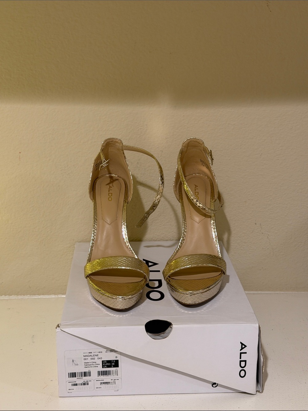 ALDO Gold Metallic Snake-Textured Ankle-Strap Heels